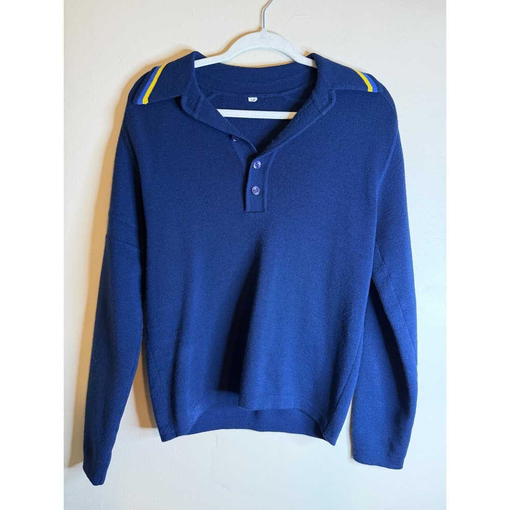 Vintage Obermeyer Blue Ski Sweater Polo Collar Striped Shoulder Womens Large